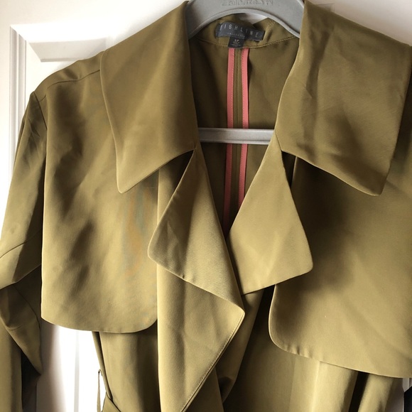 NWT Highline Belted Trench Midi Coat Sage Green pink piping Belted Long Sleeves - Picture 2 of 6